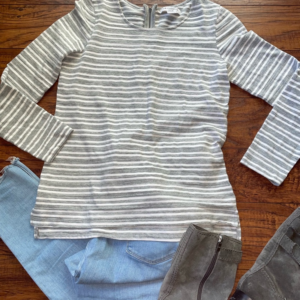 Grey and white striped sweatshirt